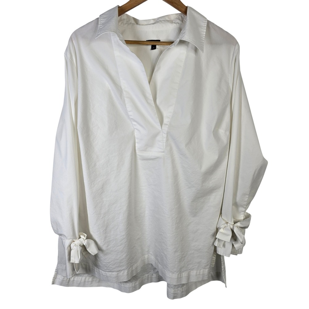 Talbots Woman White Button Front Long‎ Sleeve Shirt Tunic Bow Cuffs Size 2X